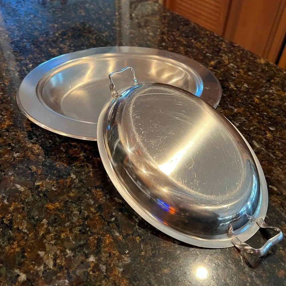 Vintage Stainless Steel Serving Dish with Lid with Handles